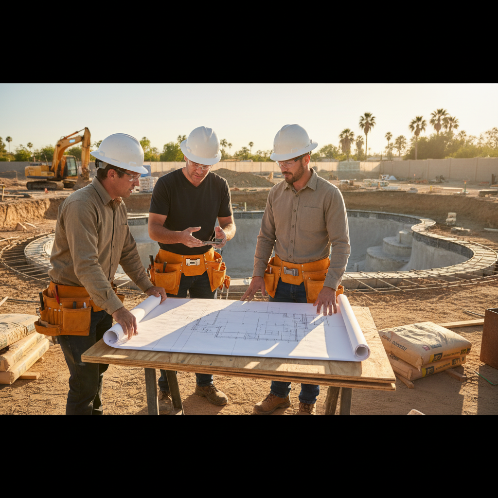 David Sepulveda and the Swim Inc. team reviewing a pool project on site