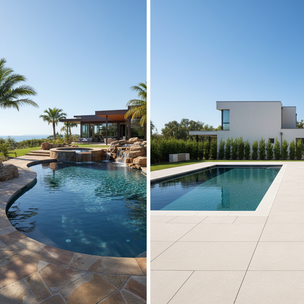 Custom gunite vanishing edge pool contrasted against a simpler standard pool , gunite vs fiberglass comparison, Florida