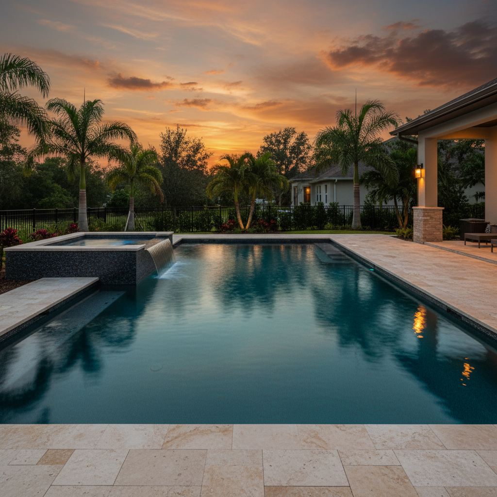 Completed custom gunite pool with spa and LED lighting at twilight in Sarasota , designed and built by Swim Inc.