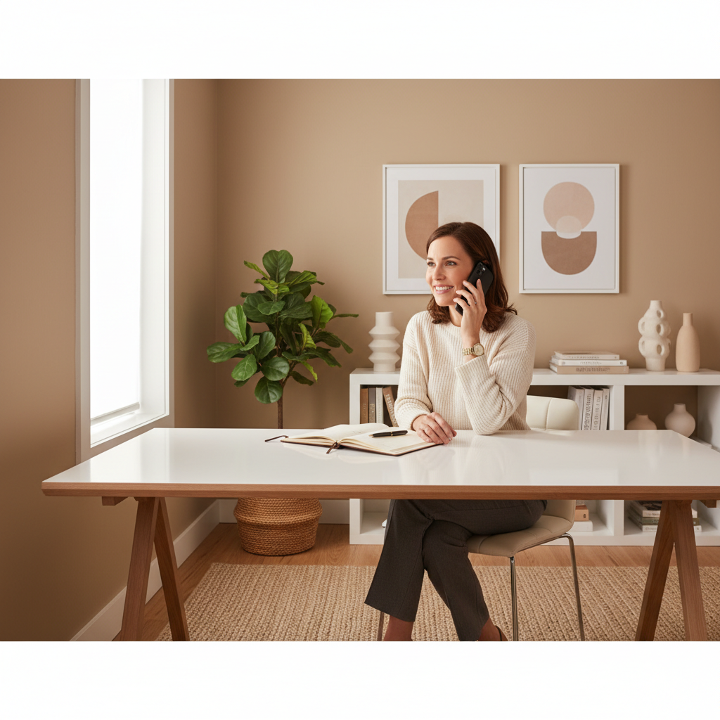 Design consultant making a personal follow-up call in a professional setting