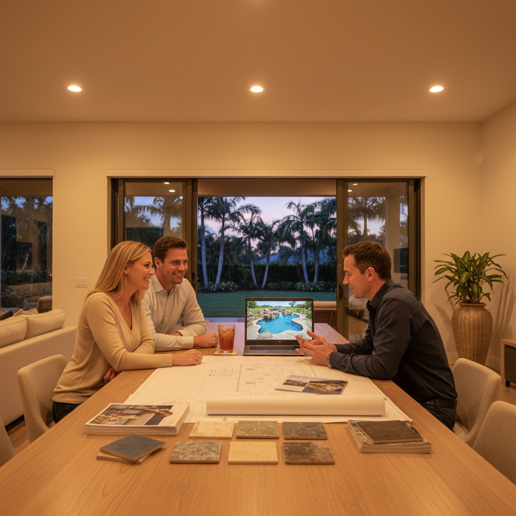 Pool designer showing a 3D rendering on a laptop at a client's kitchen table