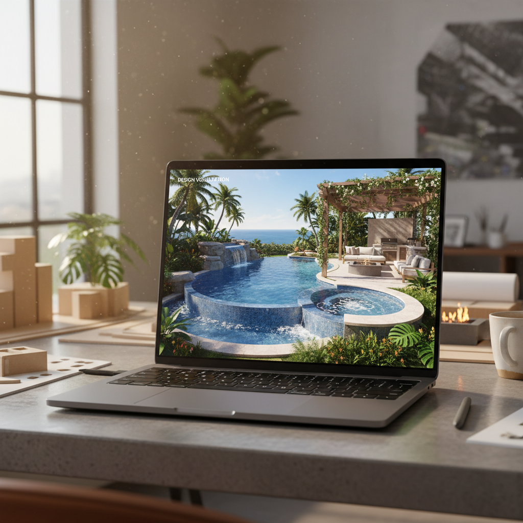 Pool designer and homeowners reviewing a live 3D pool rendering on a laptop at a kitchen table, the Swim Inc. in-home design appointment experience