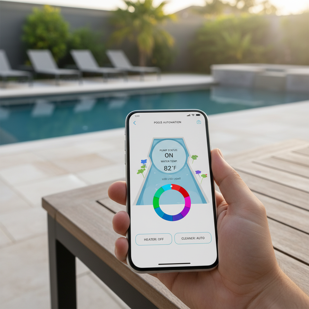 Pool automation app interface on smartphone showing pump, heater and lighting controls