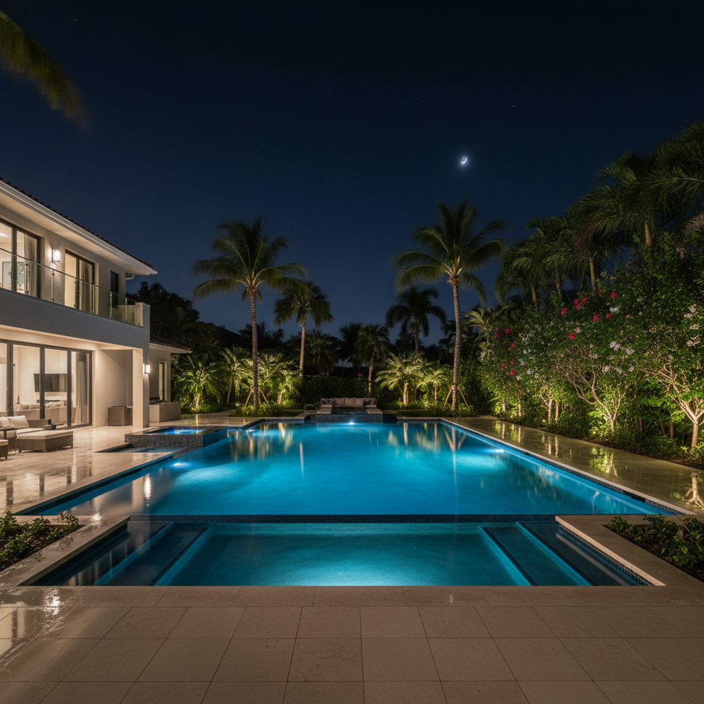 LED lighting color-changing pool at night, blue and teal ambient glow