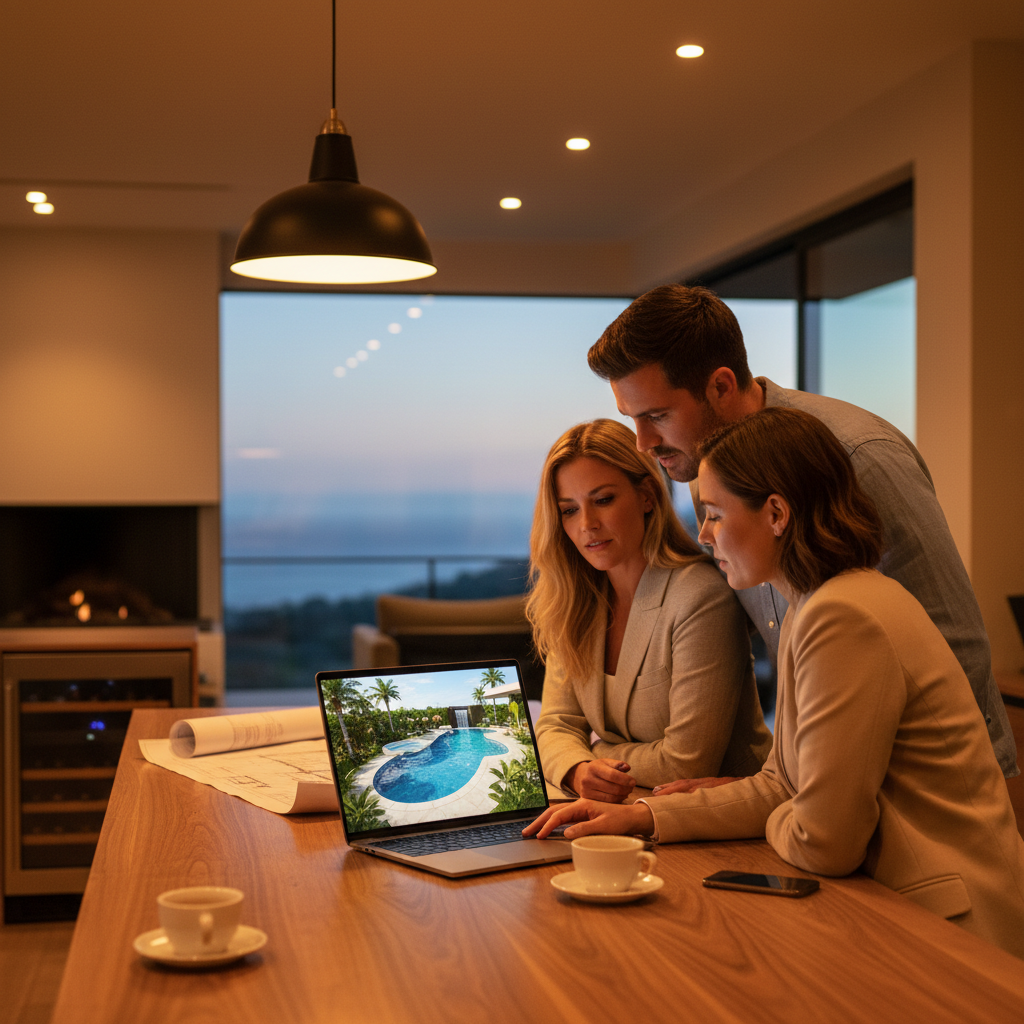 Designer with homeowner reviewing 3D pool design on laptop at kitchen table