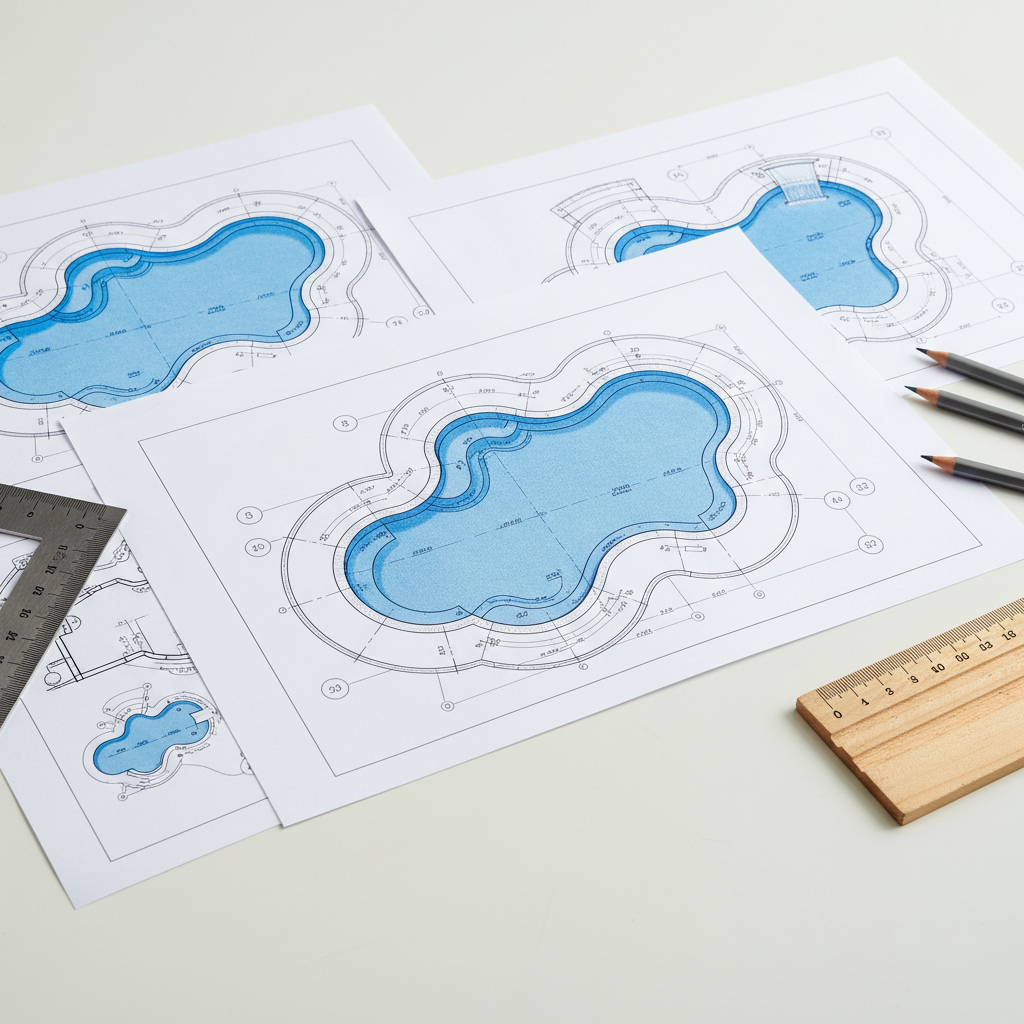 Engineering blueprint drawings for custom pool construction project