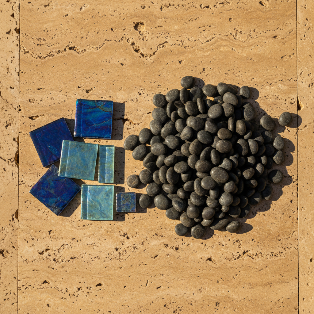 Material selection samples spread on a surface, tile, coping, and finish options