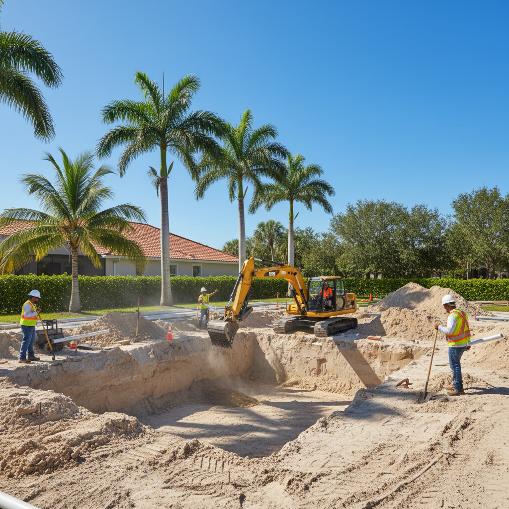Construction crew beginning pool excavation on a Sarasota property under clear Florida sky