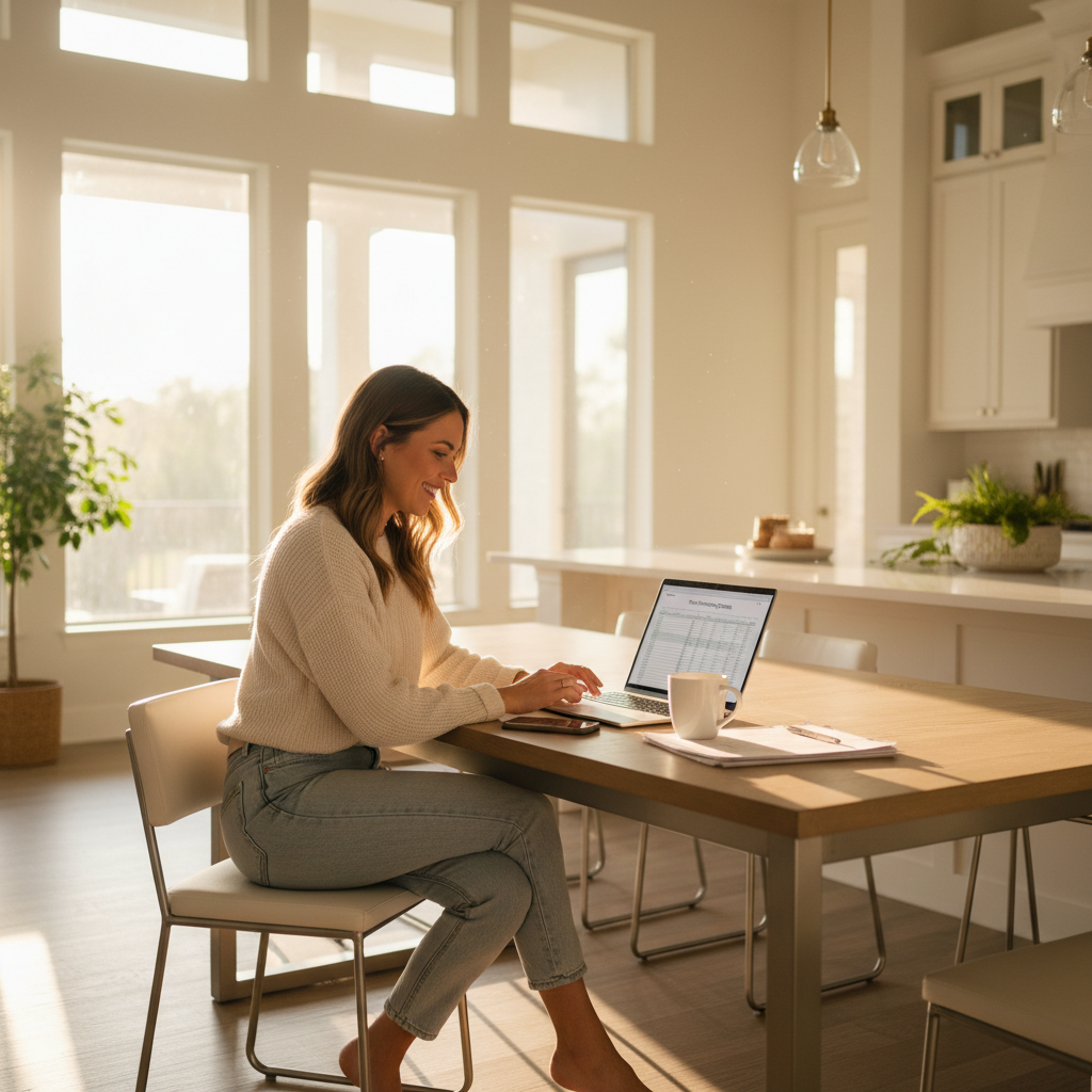 Person reviewing pool financing options on a laptop in a bright modern home