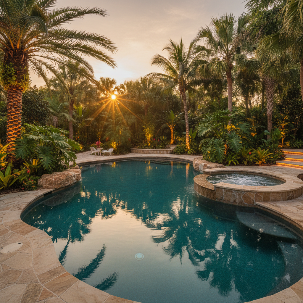 Free-form luxury pool with integrated spa and natural stone coping, surrounded by lush tropical Florida landscaping at golden hour — Siesta Key custom pool by Swim Inc.