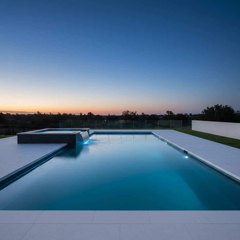Geometric modern rectangular pool at dusk with minimalist stone hardscape, elevated spa spillover, and LED perimeter lighting — Lakewood Ranch custom pool by Swim Inc.
