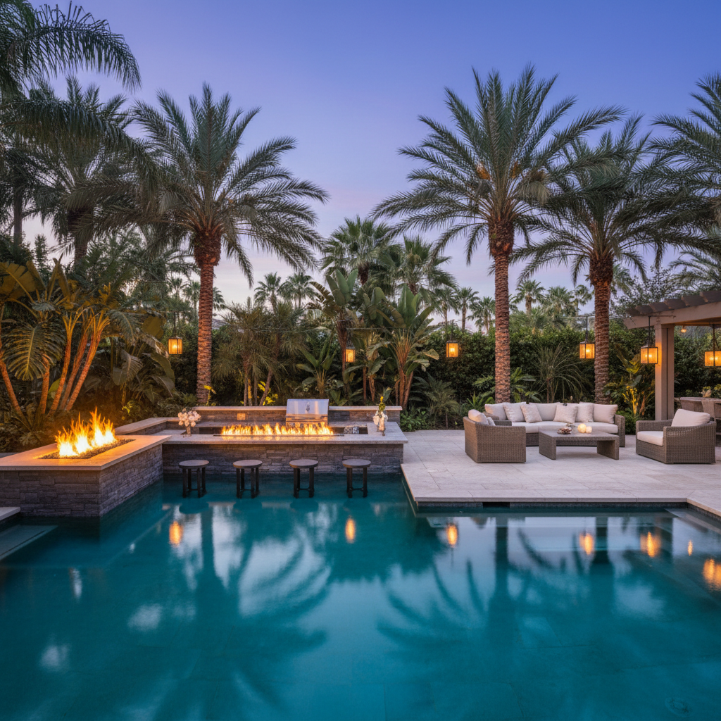 Resort-style pool with swim-up bar and lit fire feature at dusk, warm amber fire glow against teal pool water — Sarasota custom pool by Swim Inc.