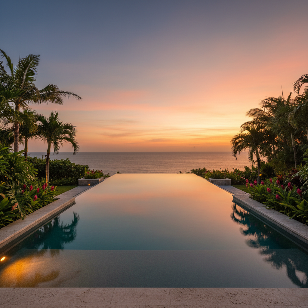 Vanishing edge infinity pool at sunset, pool edge dissolving into the horizon over open water — Longboat Key custom pool by Swim Inc.