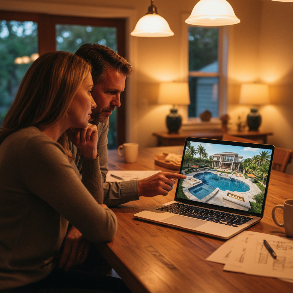 Homeowners reviewing a custom 3D pool design rendering on a laptop at their kitchen table — the Swim Inc. design-before-commitment process