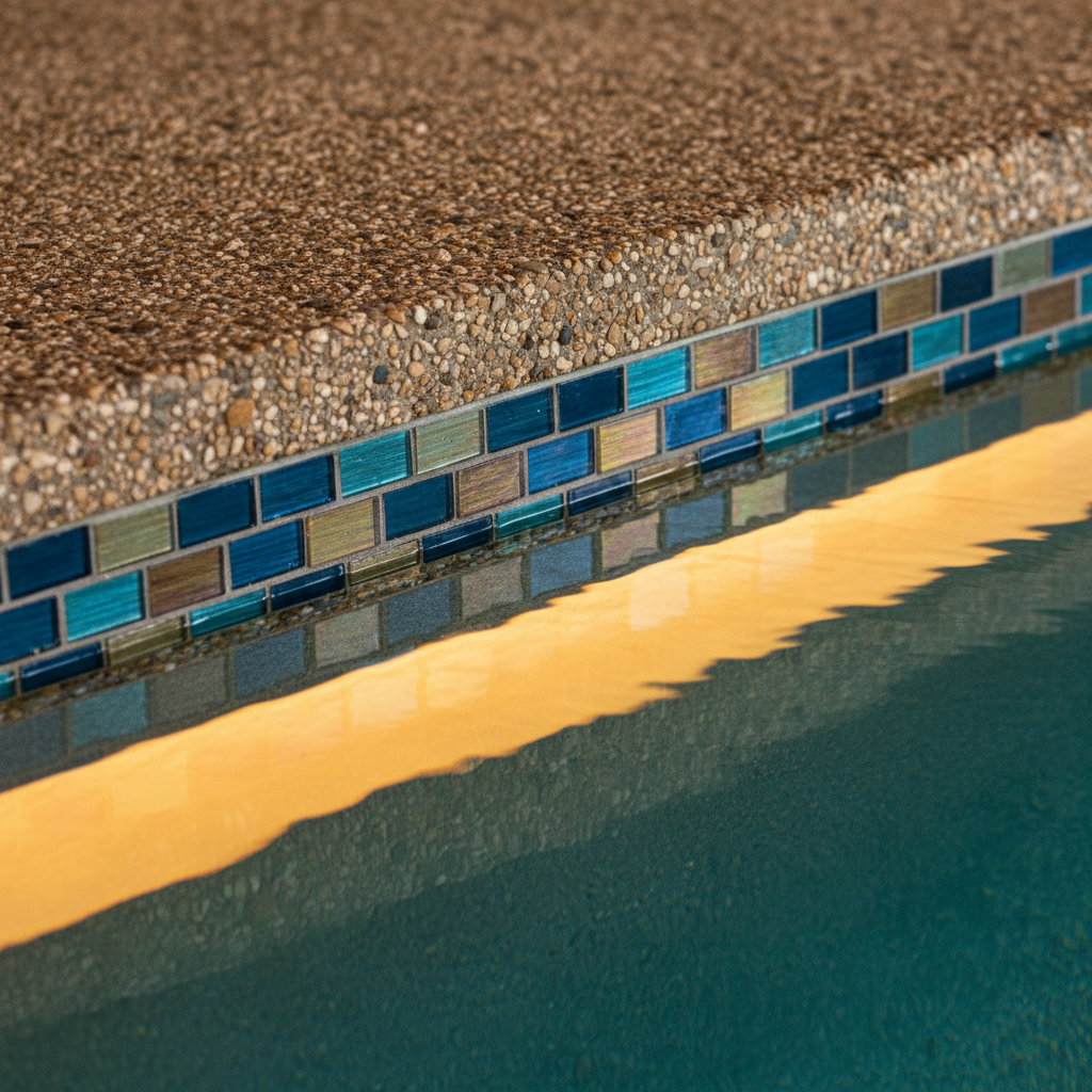 Close-up detail of premium pool renovation finish work showing pebble plaster texture, glass mosaic tile coping, and warm LED accent lighting — Swim Inc. craftsmanship