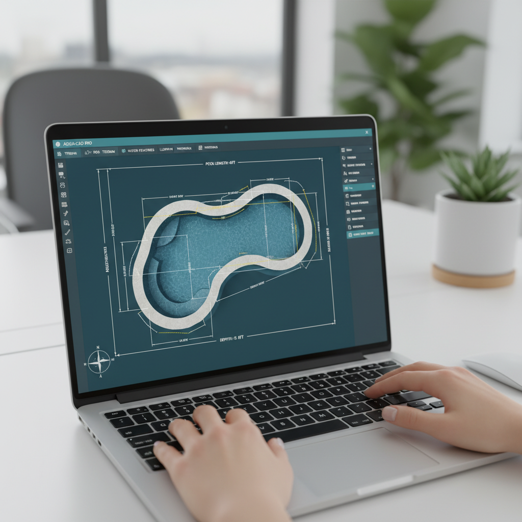 Pool designer showing a 3D pool design on a laptop at a homeowner's kitchen table