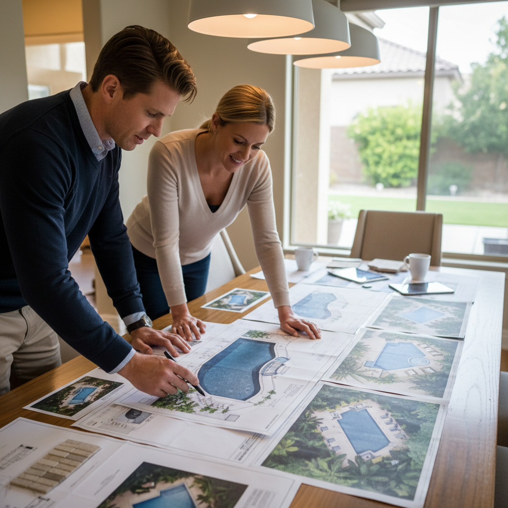 Homeowners and designer reviewing printed pool plans and marking up details together