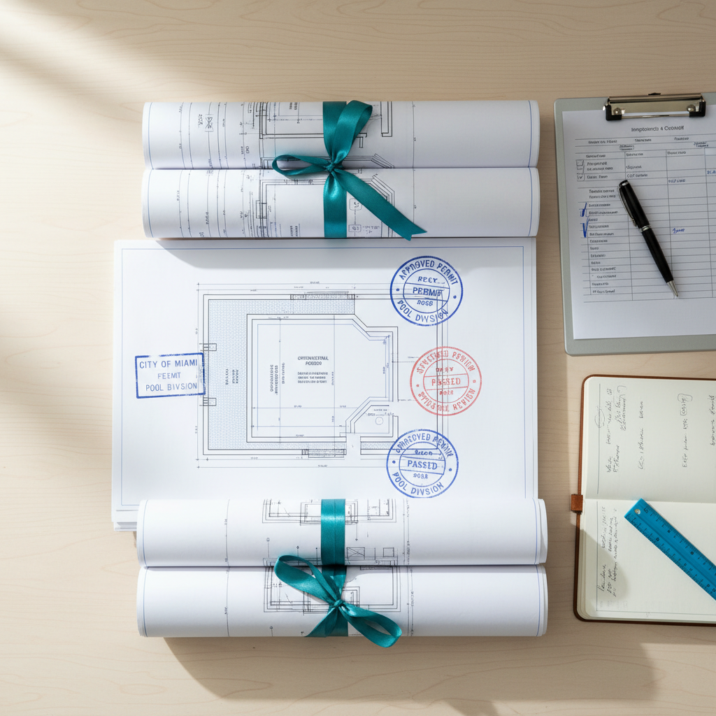 Pool engineering blueprints and permit documents organized on a professional desk