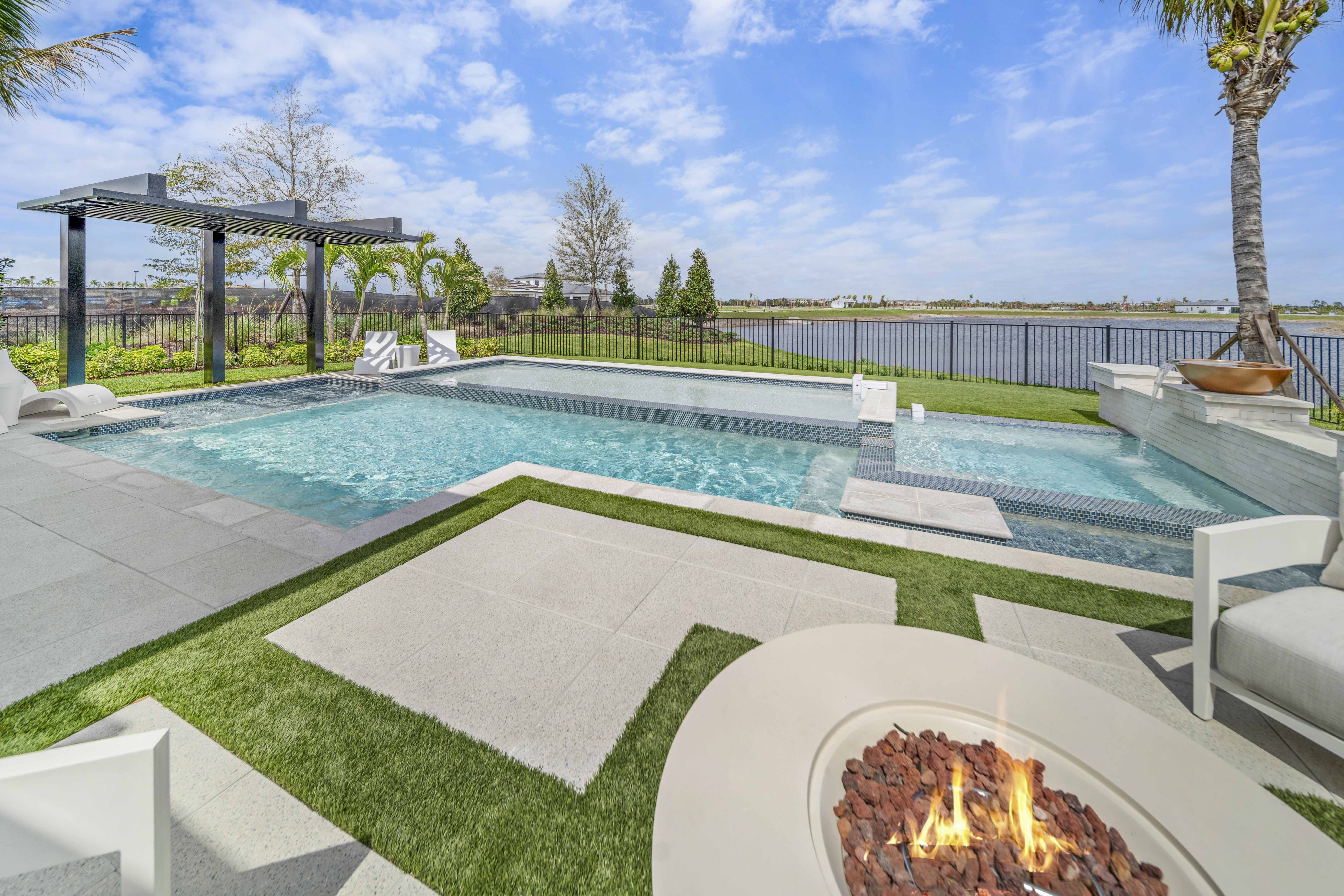 Aerial view of geometric pool showing rectangular plan form and clean architectural proportions, Venice FL