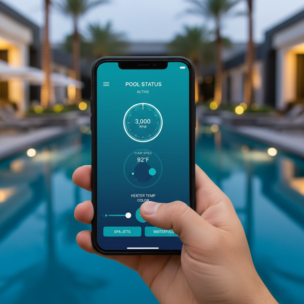 Pool automation smartphone app interface showing controls for pump, heater and lighting